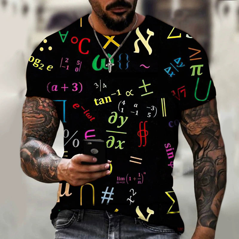 Camiseta masculina com estampa colorida de elementos matemáticos, ideal para moda masculina casual
