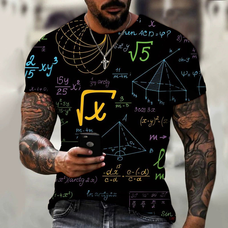 Camiseta masculina com estampa de fórmulas matemáticas, perfeita para moda masculina casual
