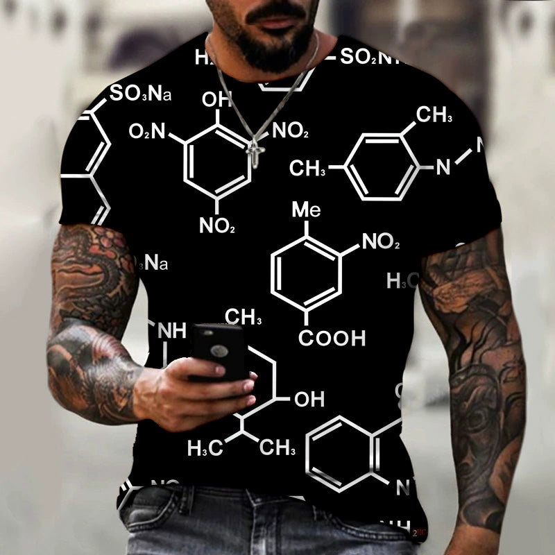 Camiseta masculina em algodão com estampa de moléculas, ideal para moda masculina casual