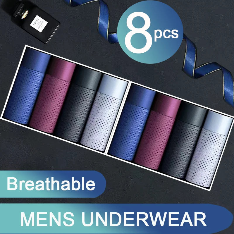Conjunto de 8 cuecas boxer masculinas em cores variadas e design respirável, moda masculina cuecas impressas
