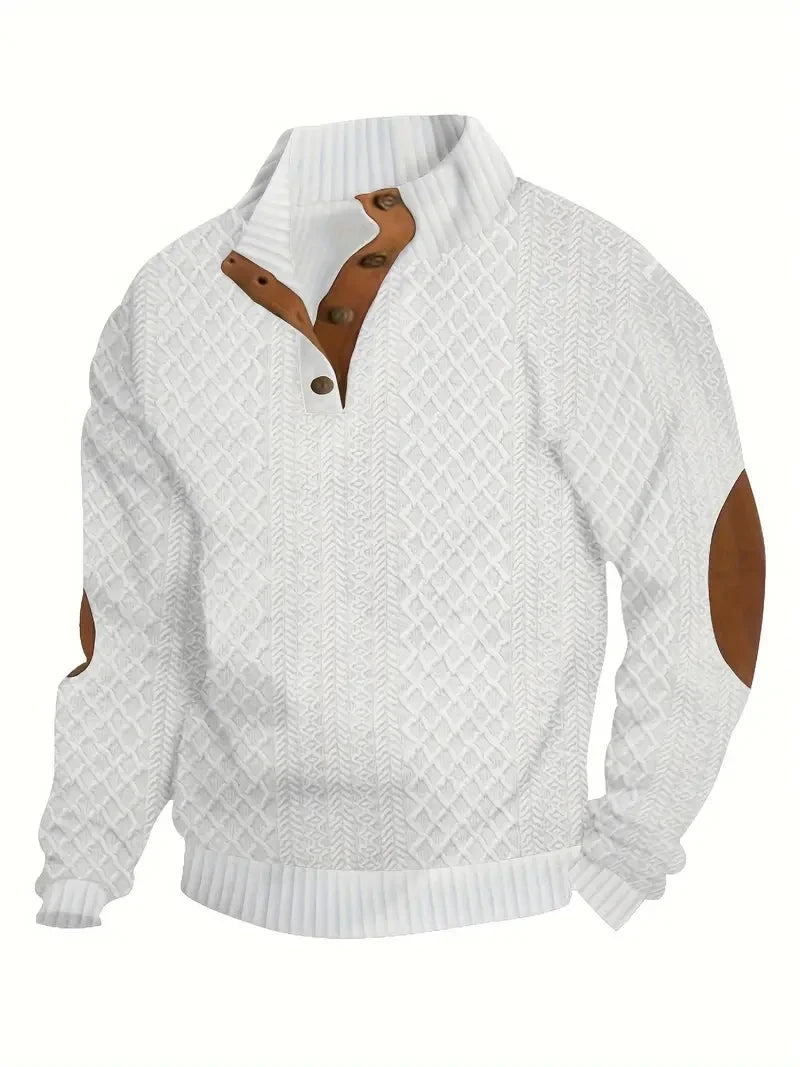 Suéter masculino branco com detalhes em couro, ideal para a moda masculina primavera