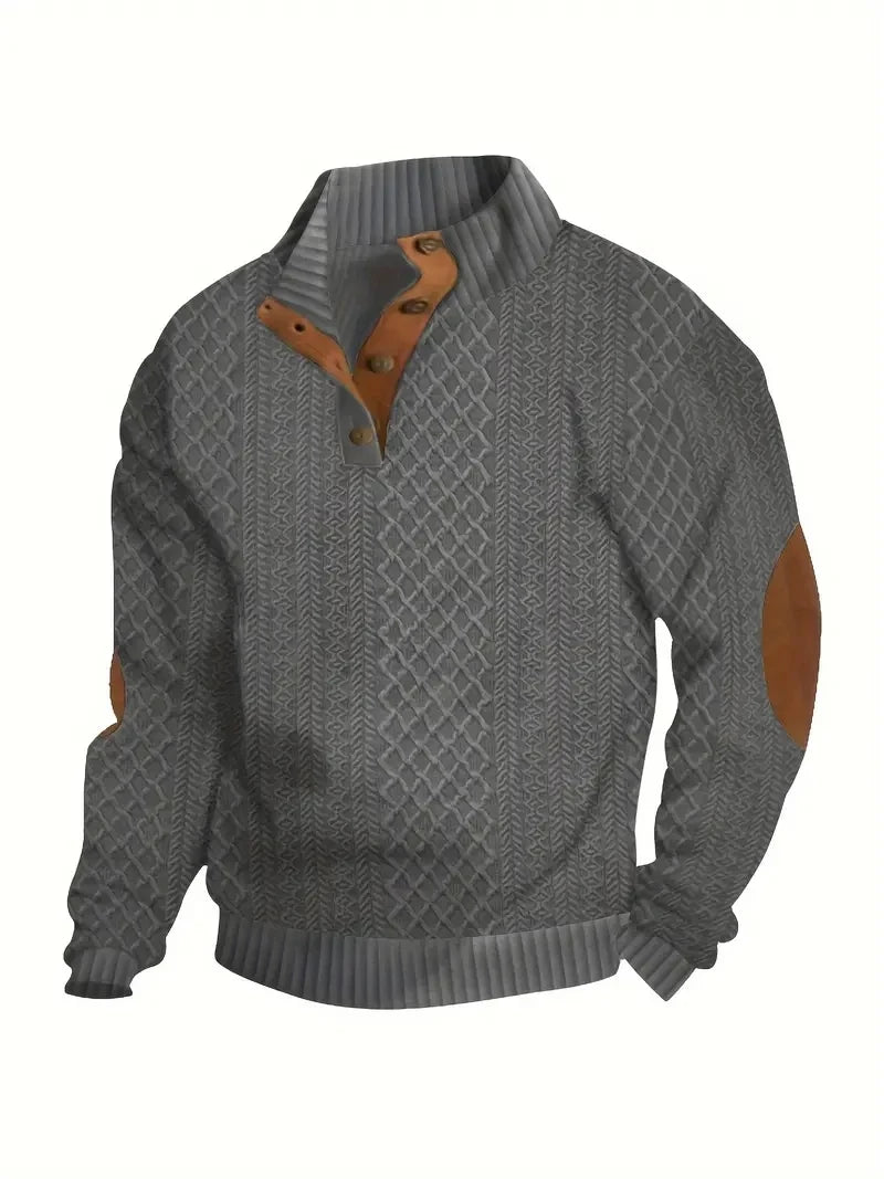 Suéter masculino cinza tricotado com detalhes em couro, ideal para moda masculina primavera