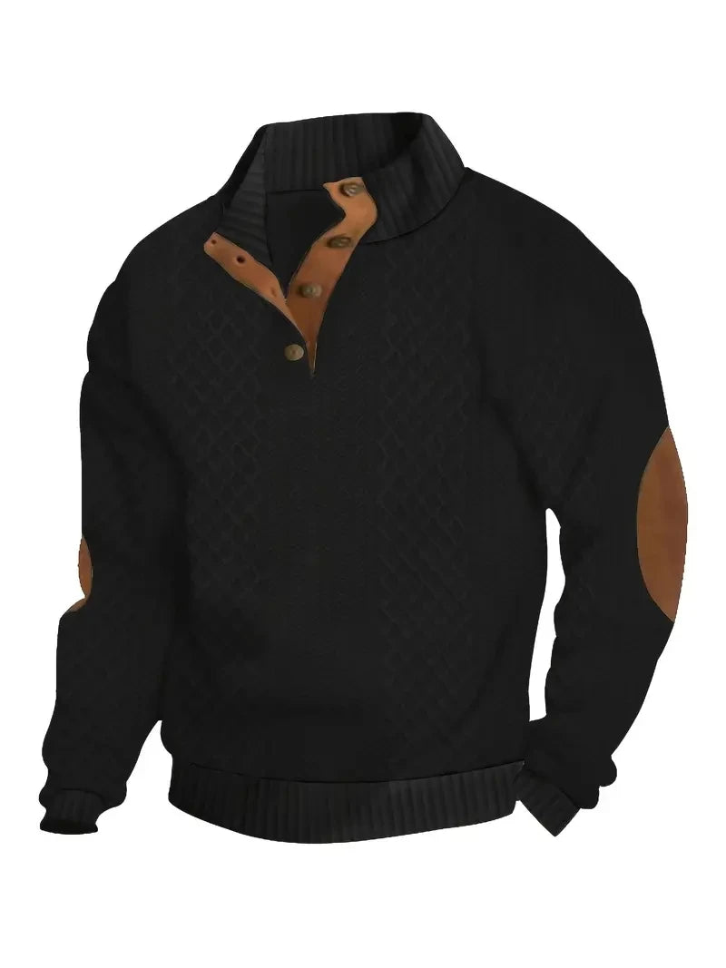 Suéter masculino preto com detalhes em couro, ideal para a moda masculina primavera