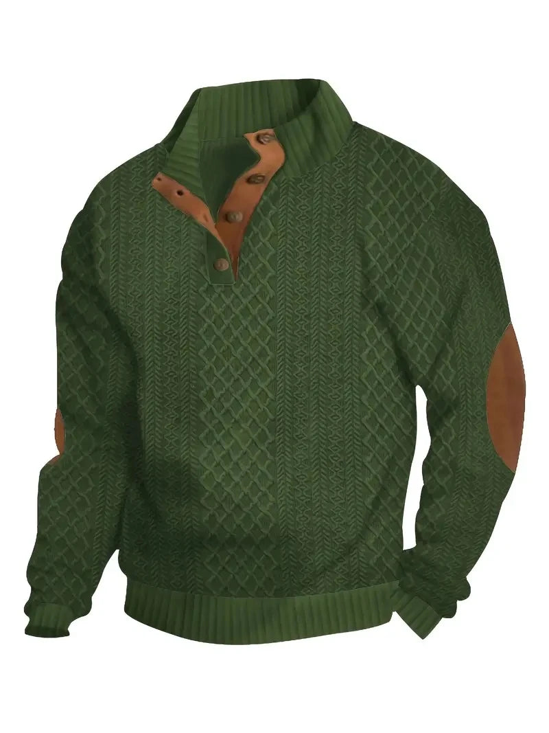 Suéter masculino verde com textura trançada e detalhes em couro, ideal para moda masculina primavera