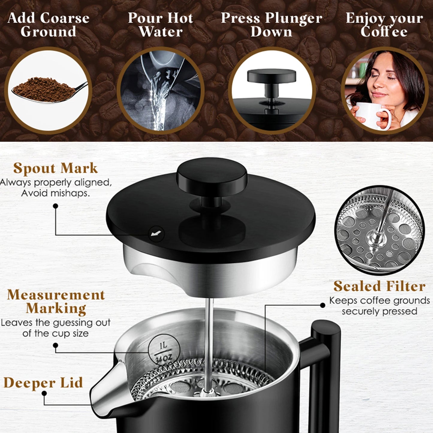Cafeteira prensa francesa inox MODUS com detalhes como marcação de medidas e sistema filtrante seguro