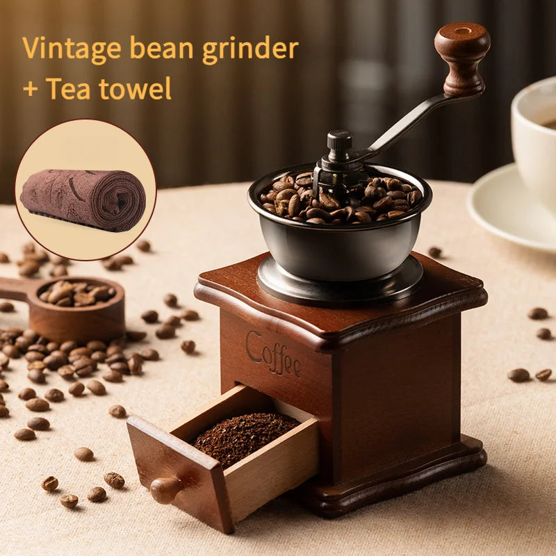 Moedor de café com cabo de madeira, estilo vintage, com grãos inteiros e café moído