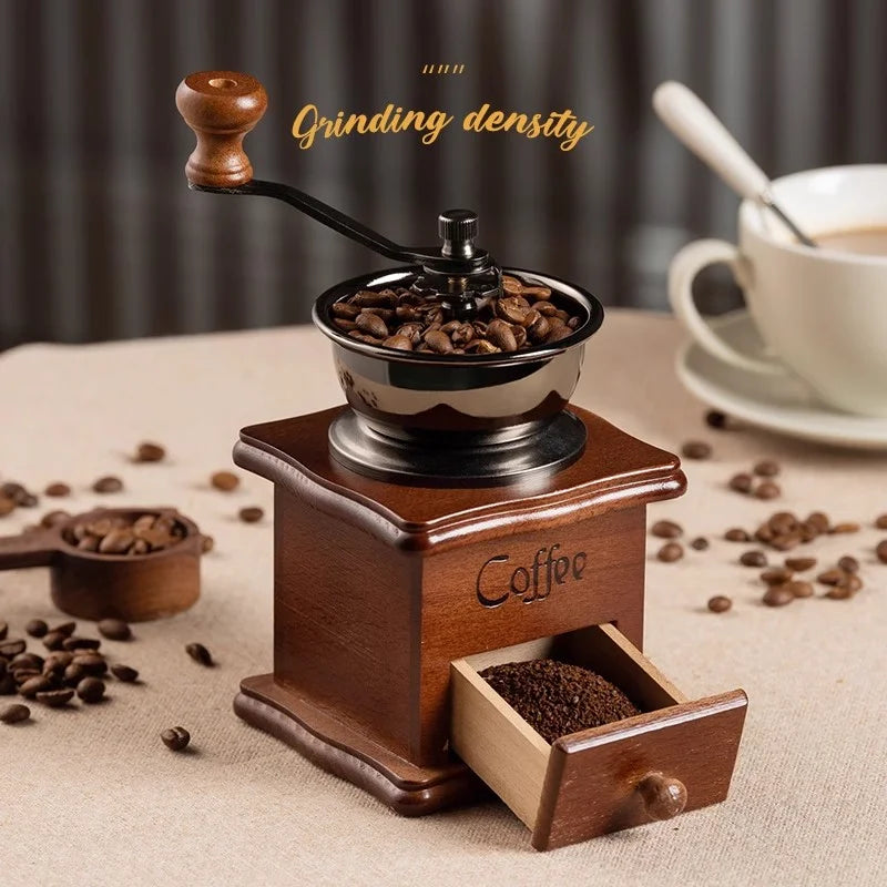 Moedor de café com cabo de madeira GIANXI em estilo vintage com grãos de café e café triturado