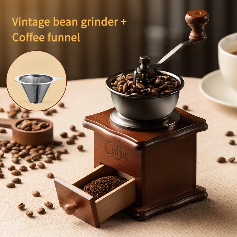 Moedor de café com cabo de madeira GIANXI em design vintage com grãos de café e funil para filtrar