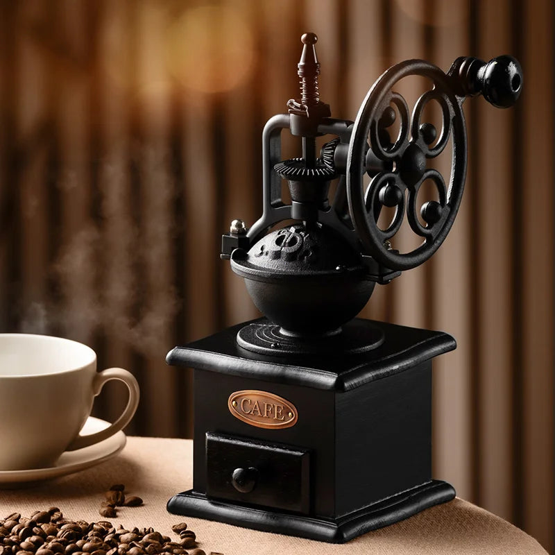 Moedor de café manual retrô GIANXI com design clássico e corpo de madeira em ambiente aconchegante