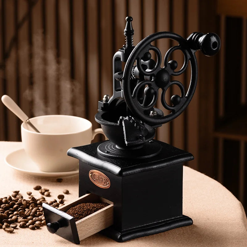 Moedor de café manual retrô GIANXI em preto com design vintage e gaveta para grãos moídos