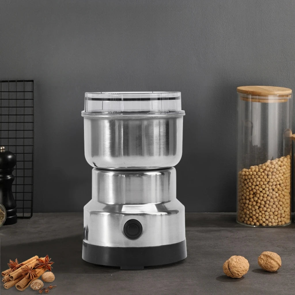 Moedor gourmet 110V DAFUSHOP em aço inox com capacidade para grãos de café e especiarias.