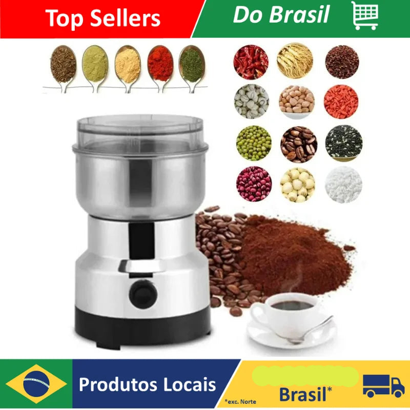 Moedor gourmet 110V da DAFUSHOP em aço inoxidável, ideal para café e especiarias, com copo transparente