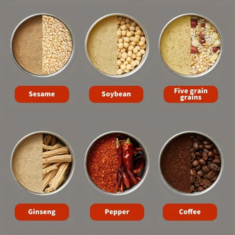 Moedor gourmet 110V DAFUSHOP com uma seleção de grãos como café, ginseng, pimenta e grãos de cinco cereais.
