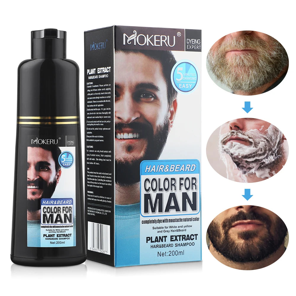 Shampoo para tingimento de barba masculina MOKERU com extrato vegetal, frasco de 200ml e instruções de uso