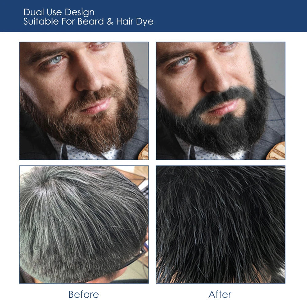 Shampoo para tingimento de barba masculina MOKERU com efeito de coloração antes e depois em cabelo e barba