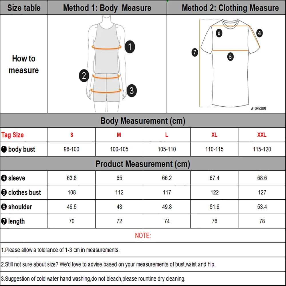 Tabela de medidas para suéter masculino AIOPESON em moletom estampado para homens com instruções de como medir