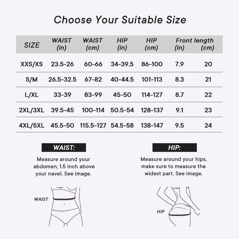 Tabela de tamanhos para calcinha modeladora feminina da MOONFUL com medidas de cintura e quadril.