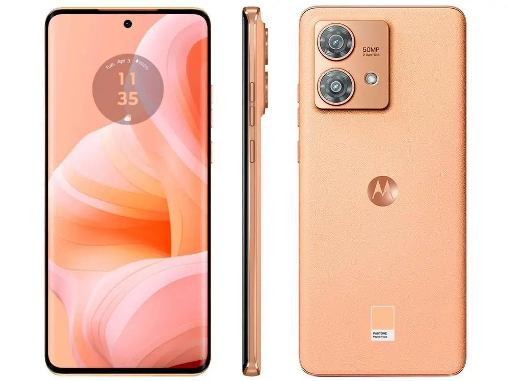 Smartphone Motorola Edge 40 Neo com design elegante e câmera de 50MP em cor rosa dourado.
