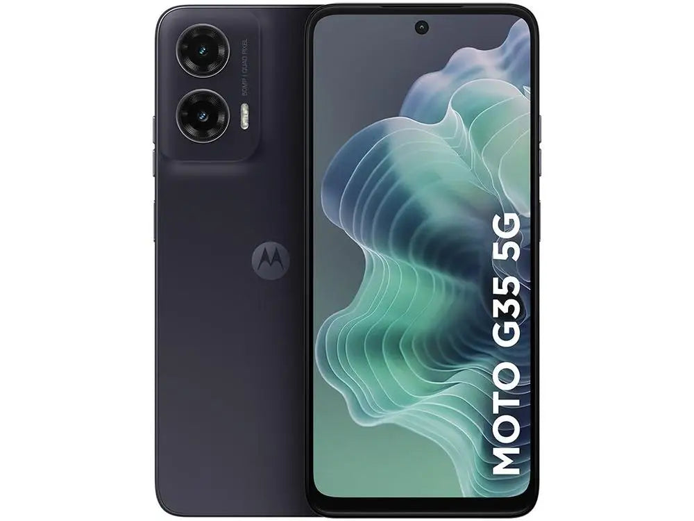Smartphone Motorola Moto G35 com display grande e câmeras duplas para fotos de alta qualidade