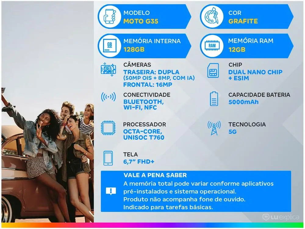 Smartphone Motorola Moto G35 em grafite com câmera dupla e 12GB de RAM, ideal para uso diário