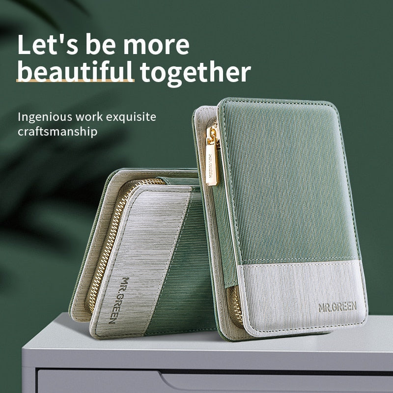 Conjunto de ferramentas para viagem manicure MR. GREEN com design elegante em verde e prata