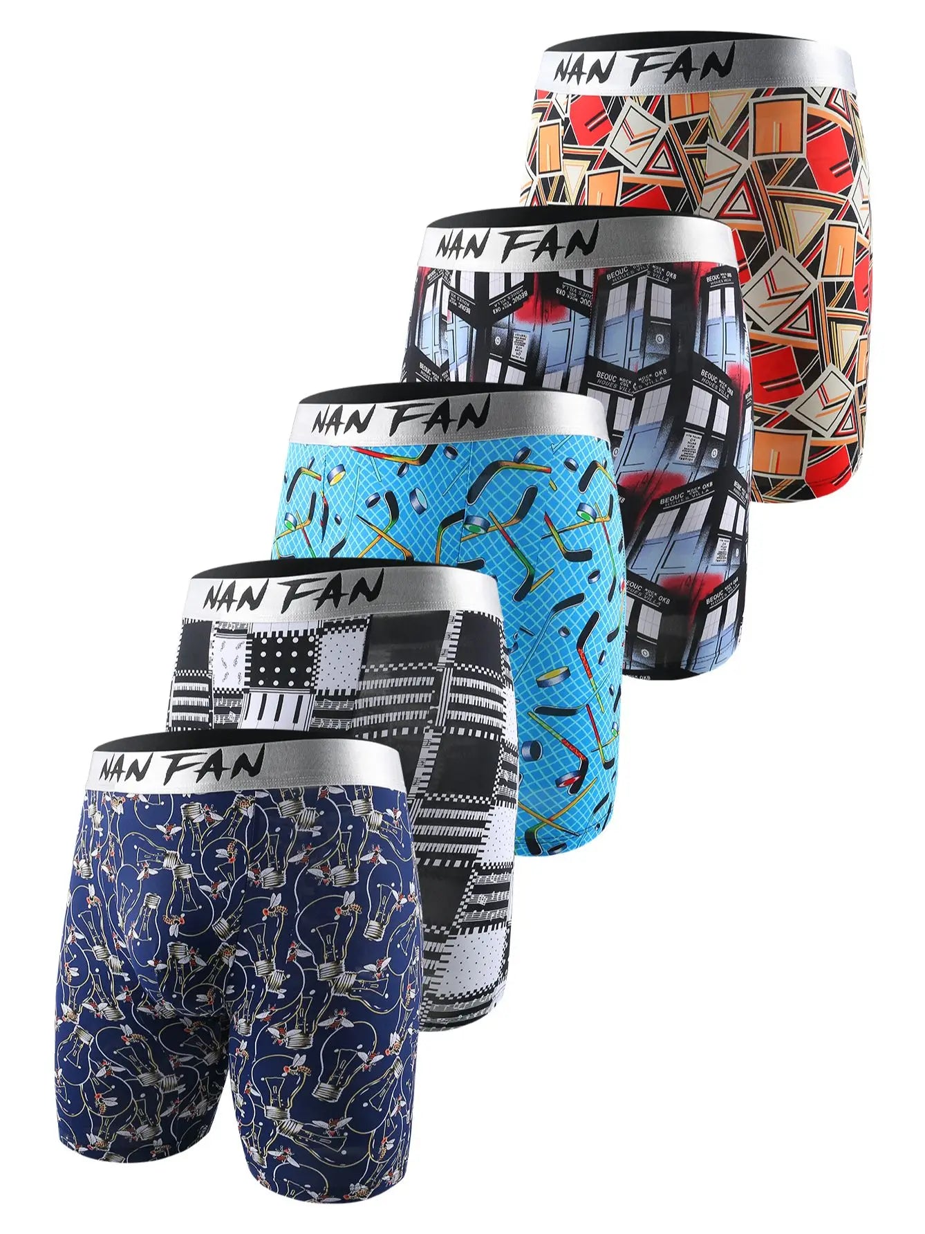 Conjunto de cuecas masculinas estampadas NANFAN com diferentes padrões e cores vibrantes