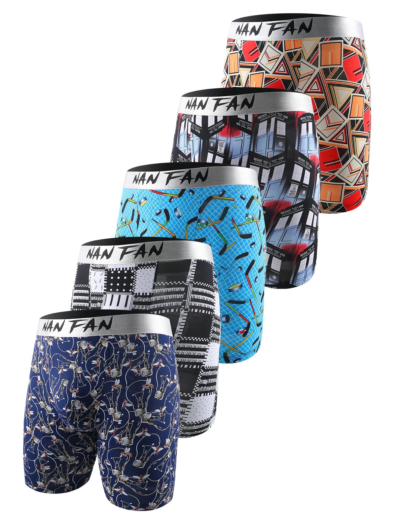 Conjunto de cuecas masculinas estampadas da NANFAN com diferentes padrões coloridos e confortáveis