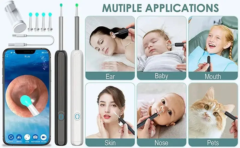 limpador visual inteligente para ouvido com câmera e ponteiras, app móvel mostrando ouvido, uso em bebê, nariz e pets