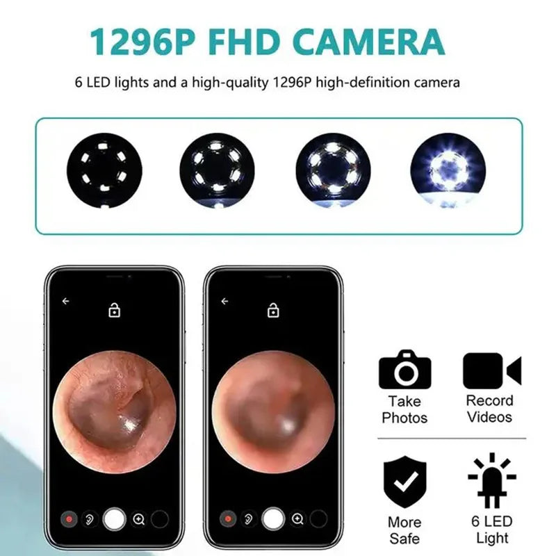 limpador visual inteligente para ouvido com câmera 1296P FHD e 6 LEDs app para fotos e vídeos