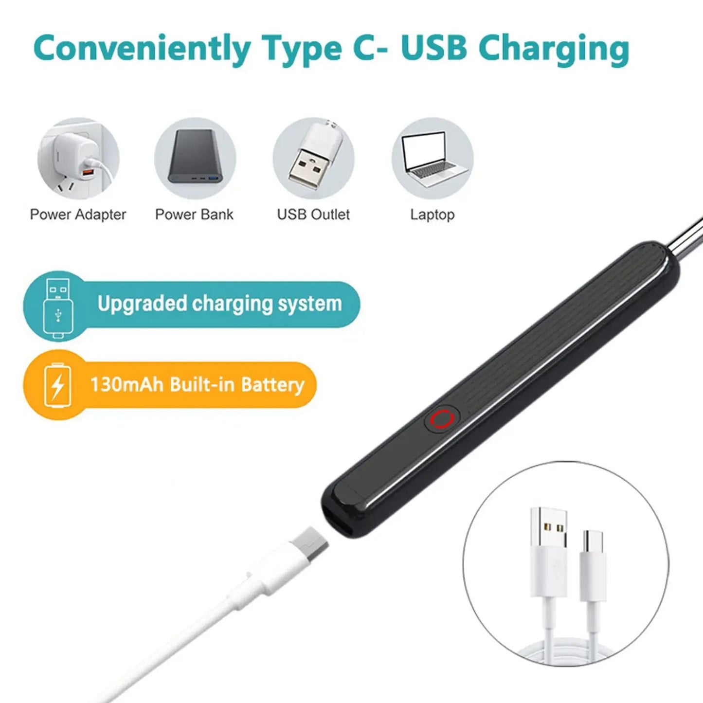 limpador visual inteligente para ouvido preto com cabo USB Type C botão recarregável 130mAh e imagens de fontes de carregamento