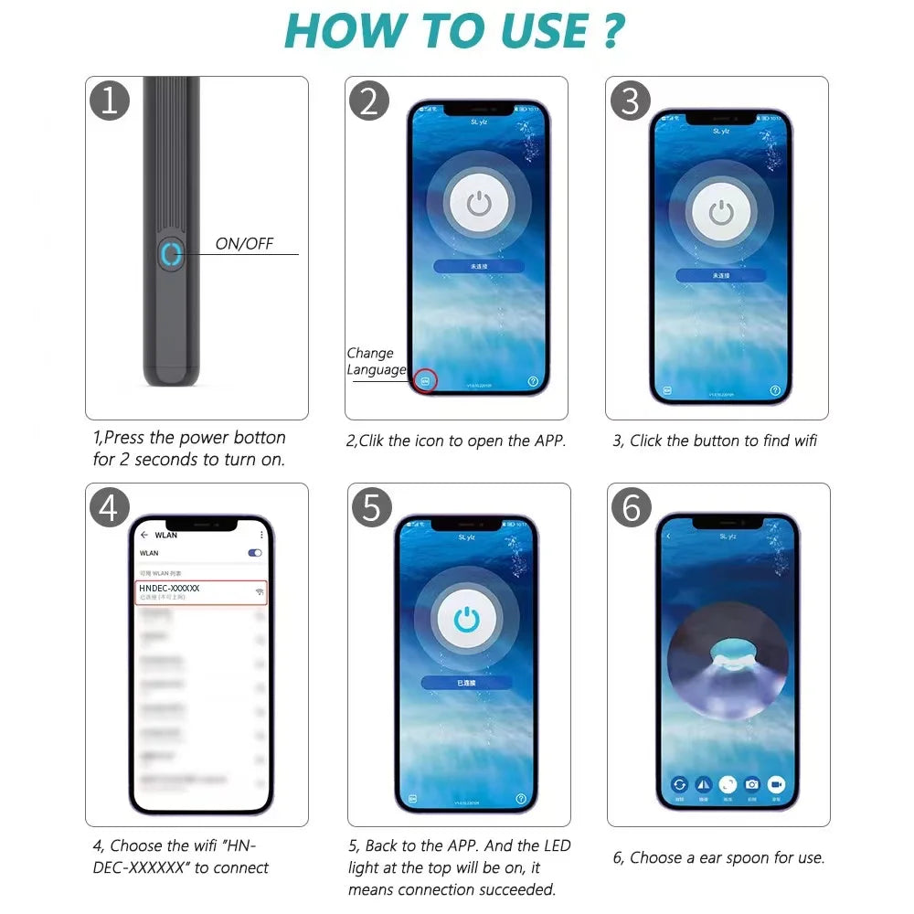 Imagem instrucional do limpador visual inteligente para ouvido mostrando dispositivo e app movel emparelhamento WiFi e uso da colher