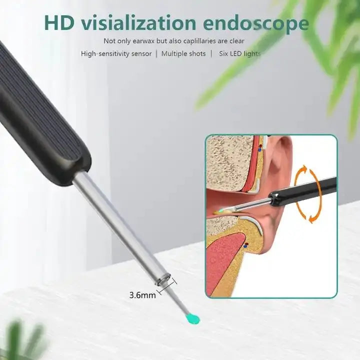 Limpeza de orelha com limpador visual inteligente para ouvido HD com cabo preto, haste metálica e ponta 3.6mm