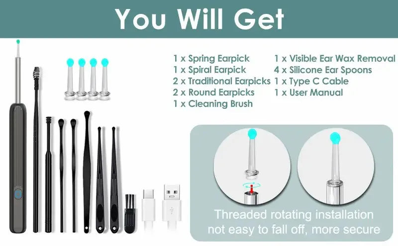 limpador visual inteligente para ouvido kit com 2 hastes pretas 8 ponteiras de silicone espiral cabo USB e escova de limpeza