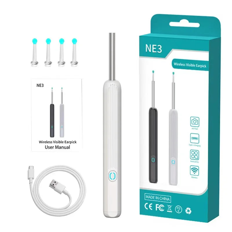 Limpador visual inteligente para ouvido wireless com 4 pontas silicone, cabo USB, manual e embalagem