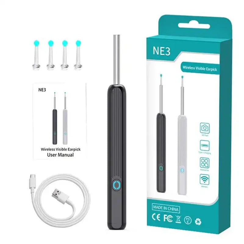 Limpeza segura com limpador visual inteligente para ouvido com câmera LED cabo USB e pontas substituíveis