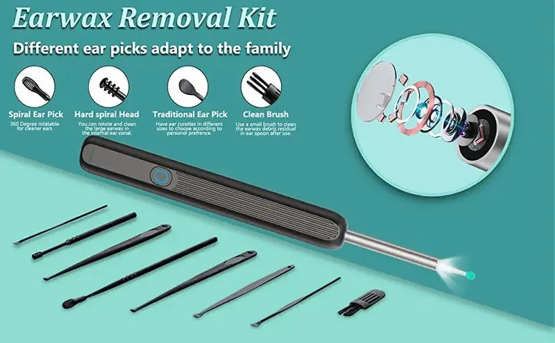 limpador visual inteligente para ouvido com câmera LED e 8 ponteiras intercambiáveis kit de remoção de cerume