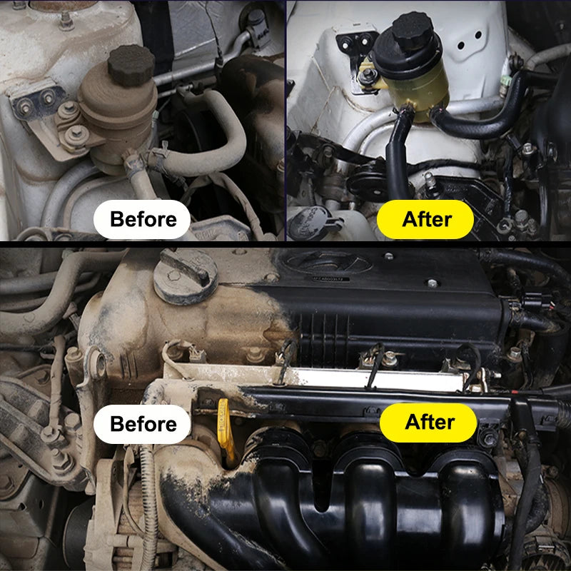 Antes e depois da aplicação do limpador de motor de carro AIVC em motor sujo e limpo