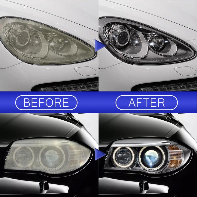 Antes e depois do uso do restaurador farol carro mostrando faróis limpos e transparentes