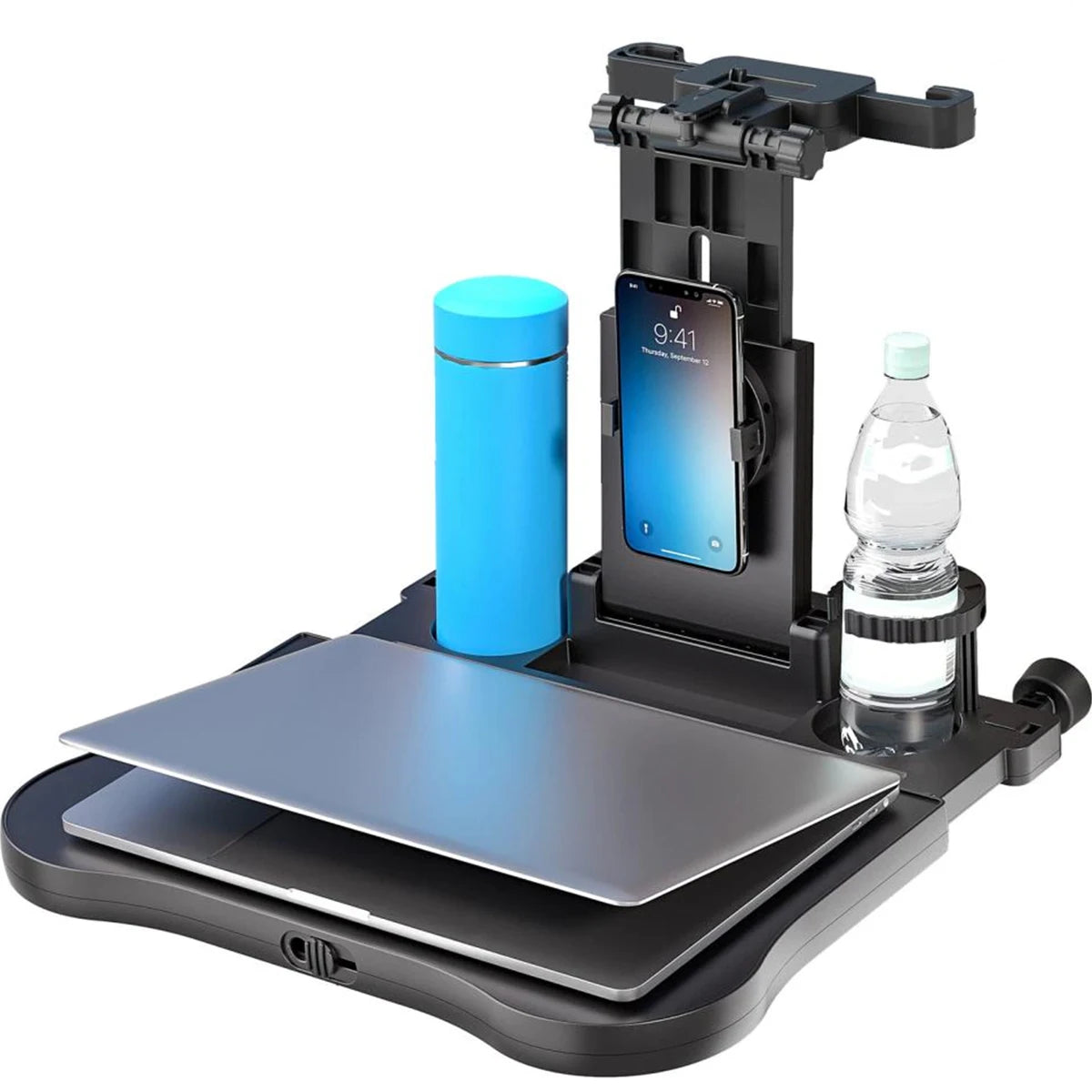 Organizador de banco traseiro com suporte para laptop, copo e telefone, ideal para viagens de carro