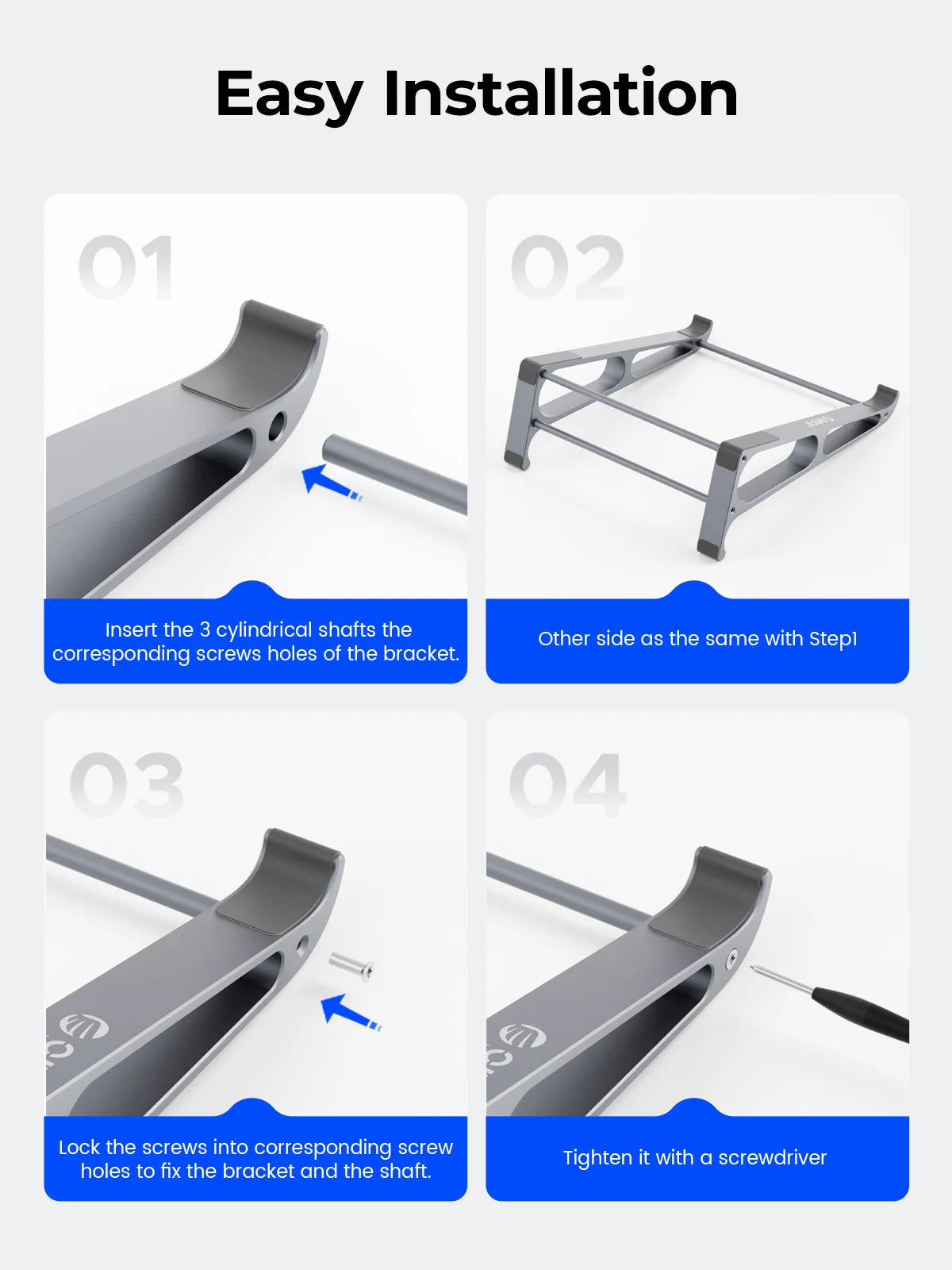 Suporte vertical para notebook ORICO com instruções de instalação passo a passo para fácil montagem