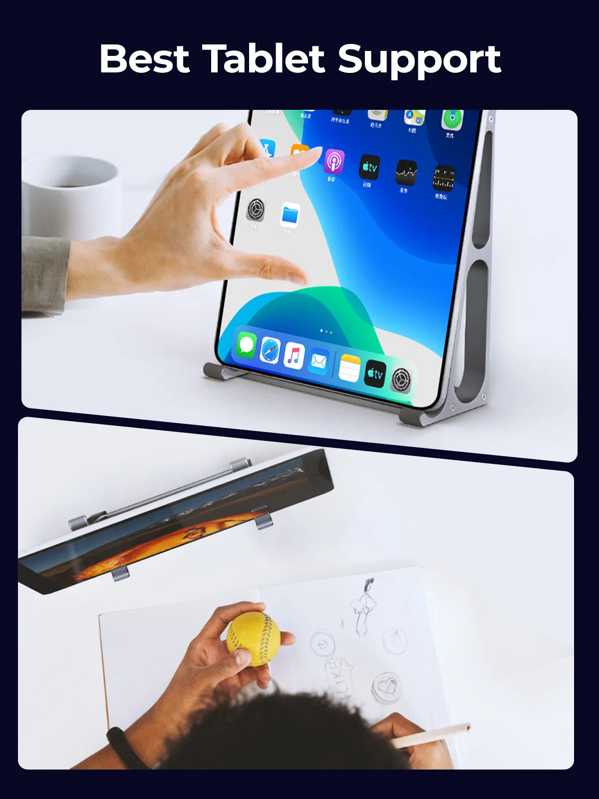Suporte vertical para notebook ORICO em ambiente de trabalho moderno, ideal para MacBook e tablets