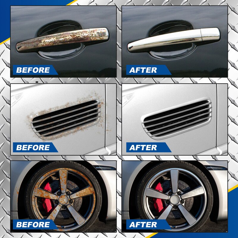 Antes e depois do polidor de superfície XMSJ, mostrando a eficácia como removedor de ferrugem automotivo