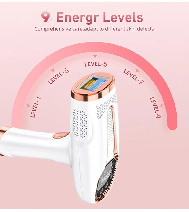 depilador a laser ipl permanente OUMONOKA branco com detalhes rosê visor digital e 9 níveis de energia