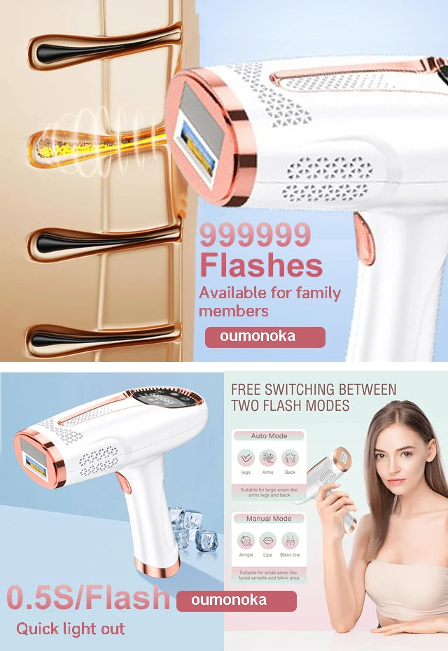 depilador a laser ipl permanente OUMONOKA branco rose gold aparelho portatil 999999 flashes uso em casa rosto e corpo