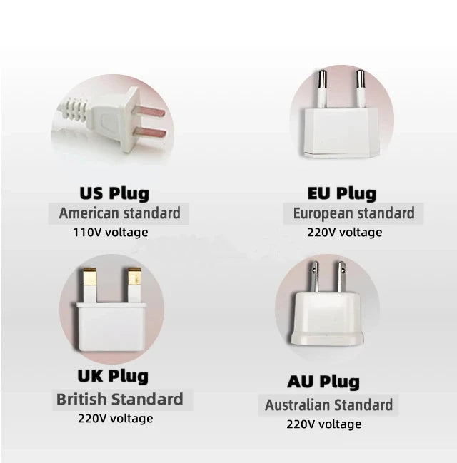 Adaptadores US EU UK AU para depilador a laser ipl permanente OUMONOKA mostrando tipos de plugues e voltagem