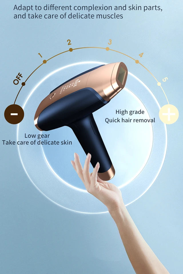depilador a laser ipl permanente OUMONOKA azul e dourado em mão com ajuste de níveis para pele delicada