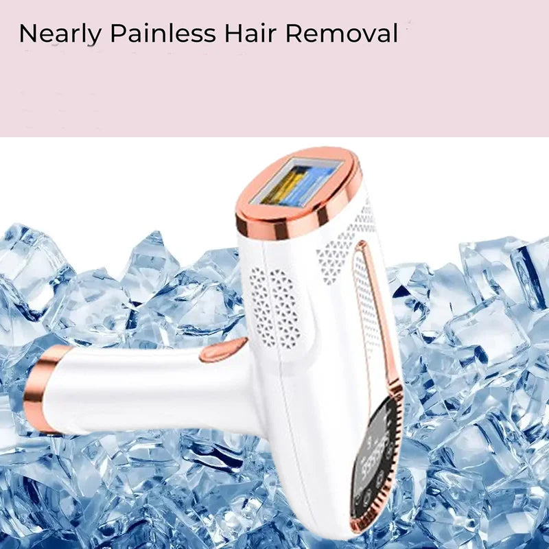 depilador a laser ipl permanente OUMONOKA branco com detalhes rose gold portátil com visor sobre gelo