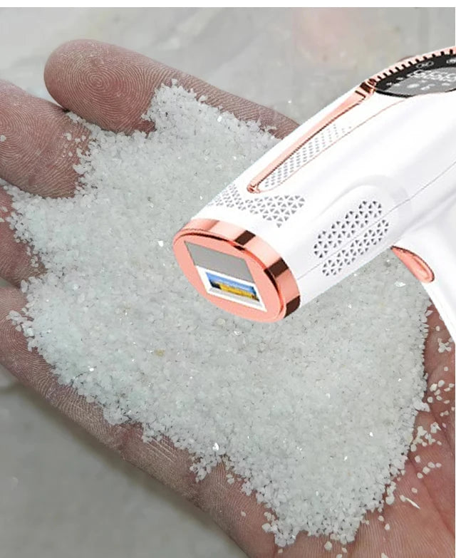 OUMONOKA depilador a laser ipl permanente branco e rose com janela de pulso sobre palma da mao