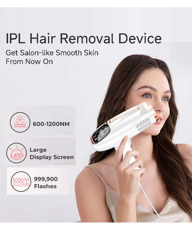 Mulher usando depilador a laser ipl permanente OUMONOKA branco com visor grande 999900 flashes para rosto e corpo