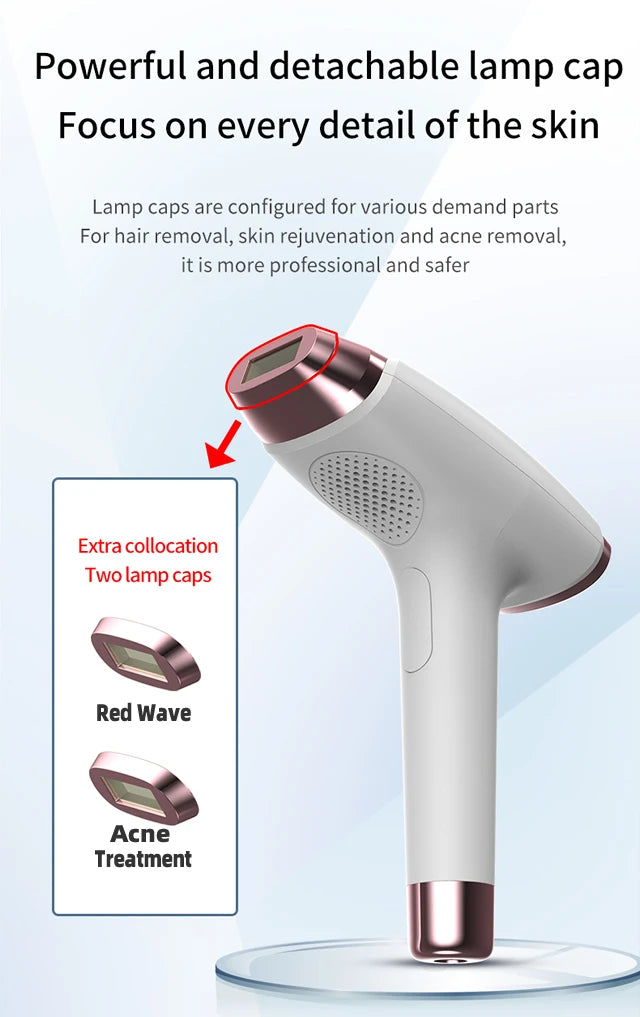 depilador a laser ipl permanente OUMONOKA branco com detalhes rosé e ponteiras destacáveis para acne e onda vermelha